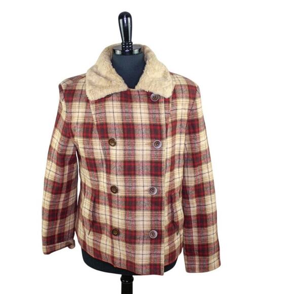 Giacca Plaid Wool Blend Jacket Faux Fur Collar Chore Coat Barn Cabin L - Picture 1 of 5